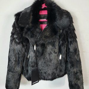 NWT~$1195~DSQUARED2~KIDS 8~BLACK GENUINE LEATHER REAL FUR BIKER MOTO COAT JACKET